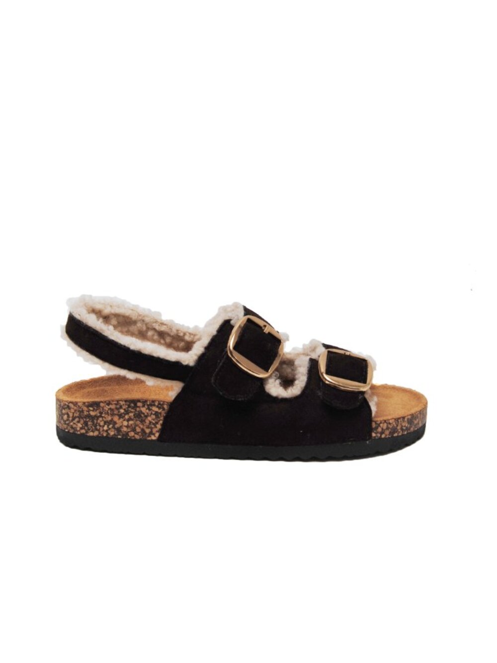 BLACK Footbed Comfort Faux Teddy Fur Buckle Slide Slipper Sandals - Picture 6 of 6